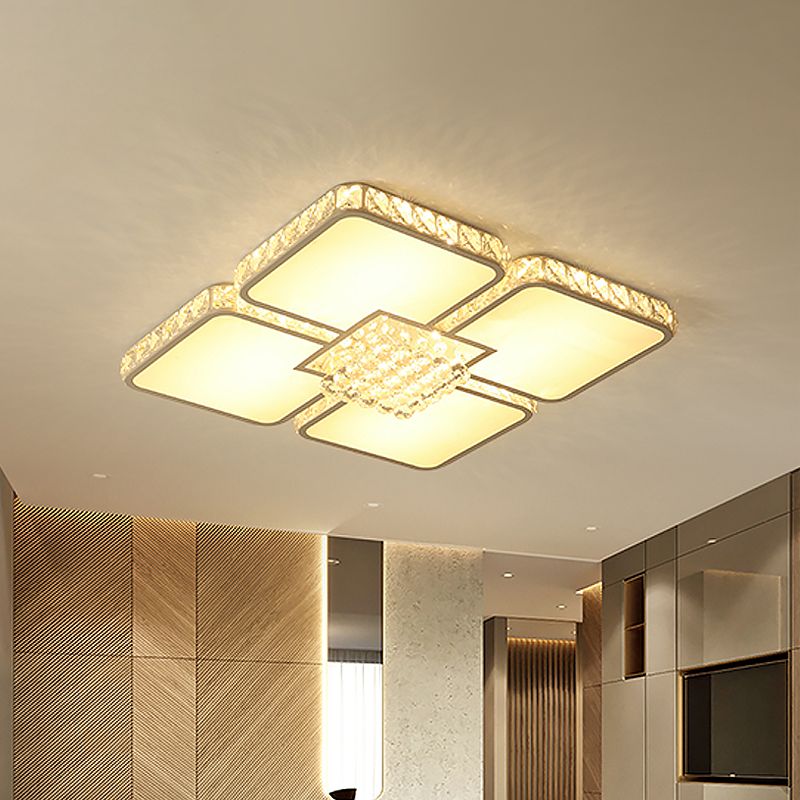 Chrome LED Square Flush Mount Lighting Contemporary Crystal Block Ceiling Lamp in Warm/White Light