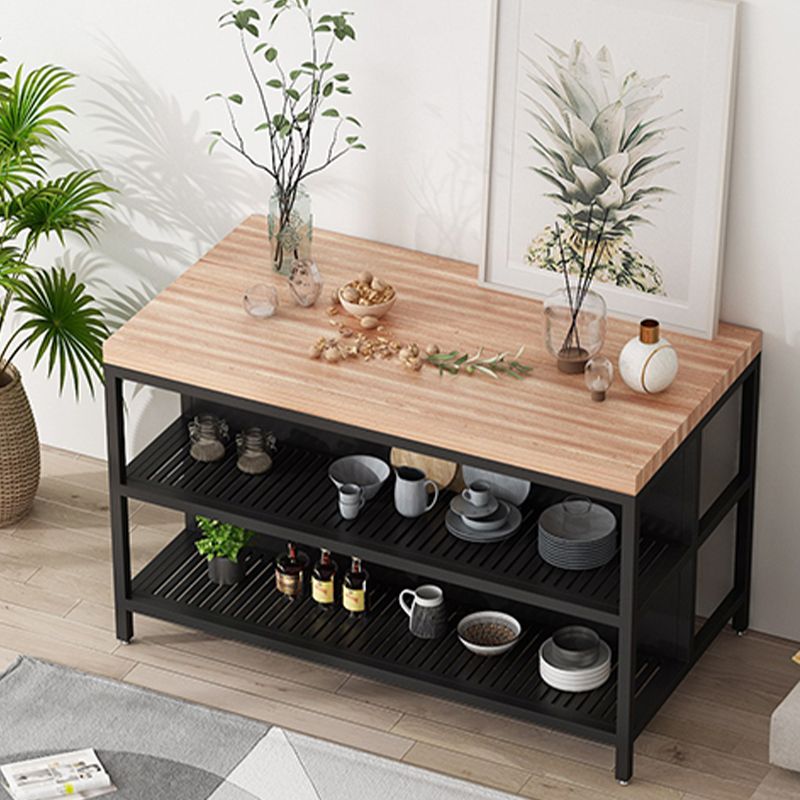 Light Wood Finish Kitchen Island Table with Metal Open Storage