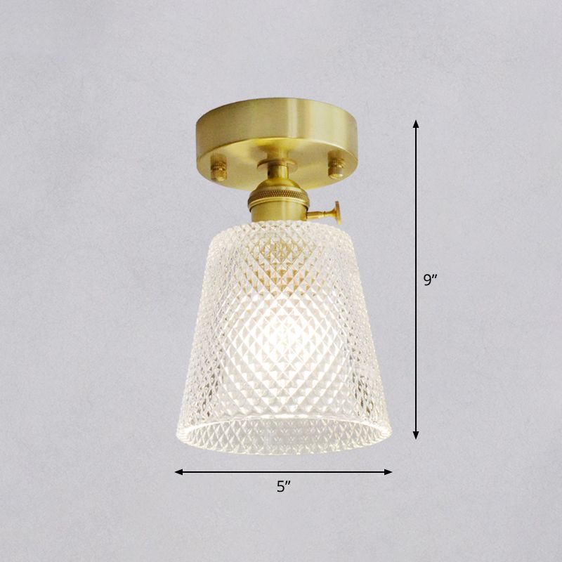 Brass Finish 1-Head Ceiling Mounted Light Minimalist Carved Glass Shaded Semi Flush Mount Lamp for Corridor