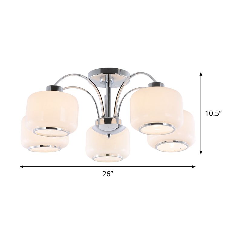 Chrome Arched Semi Flush Light Modern Style 5 Heads Metal Ceiling Mounted Lamp with Drum Opal Glass Shade