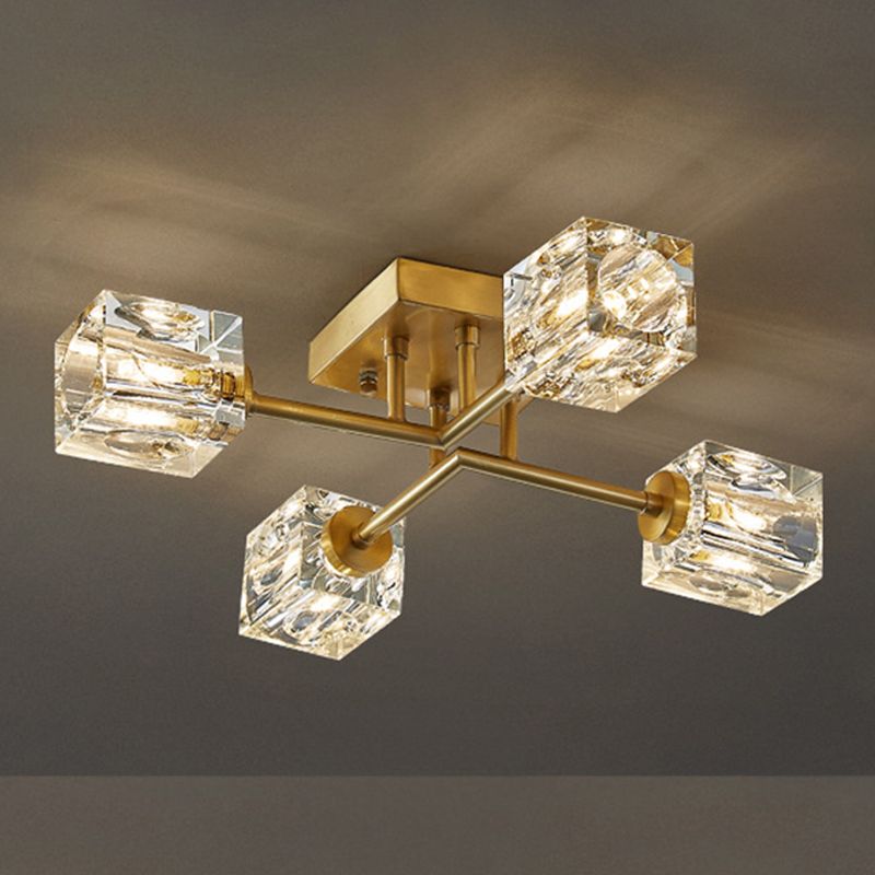 Zeitgenössischer Würfel Flush Light Crystal Flush Mount Deckenbestand in Gold