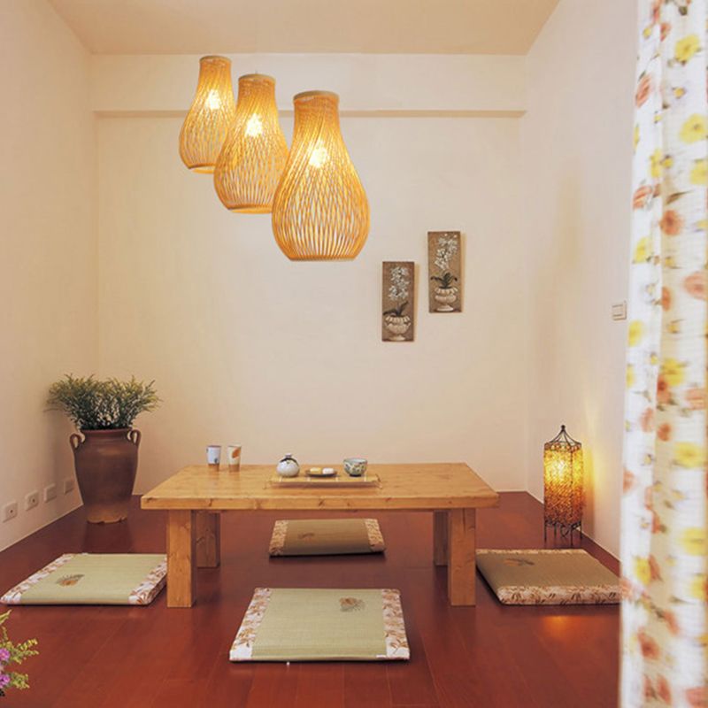 Pear Shaded Tea Room Suspension Light Bamboo 1-Light Simplicity Pendant Light Fixture