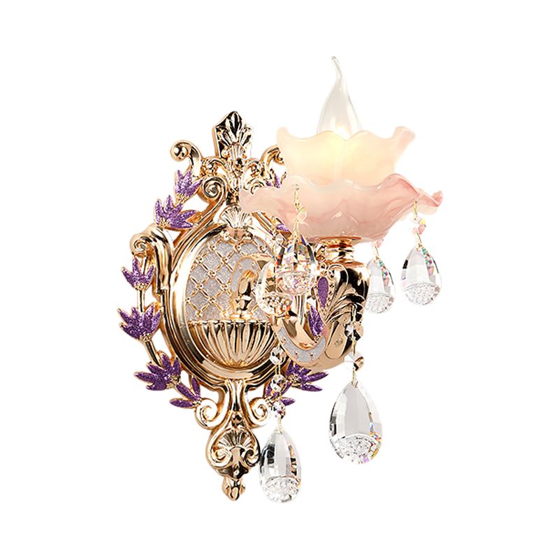 Ruffle Purple Glass Glasce Lamp Countryside 1/2-Light Liver Room Mur Mount Éclairage avec K9 Crystal Drop