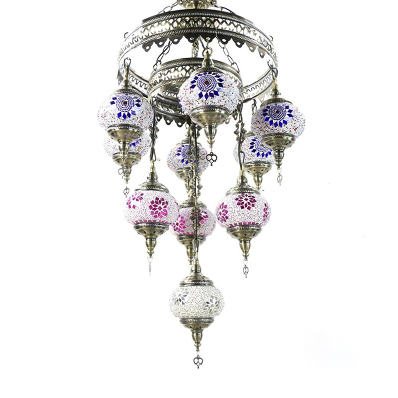 10 Heads Oval Hanging Light Fixture Traditional Red/Pink/Yellow Multicolored Stained Glass Chandelier Lamp