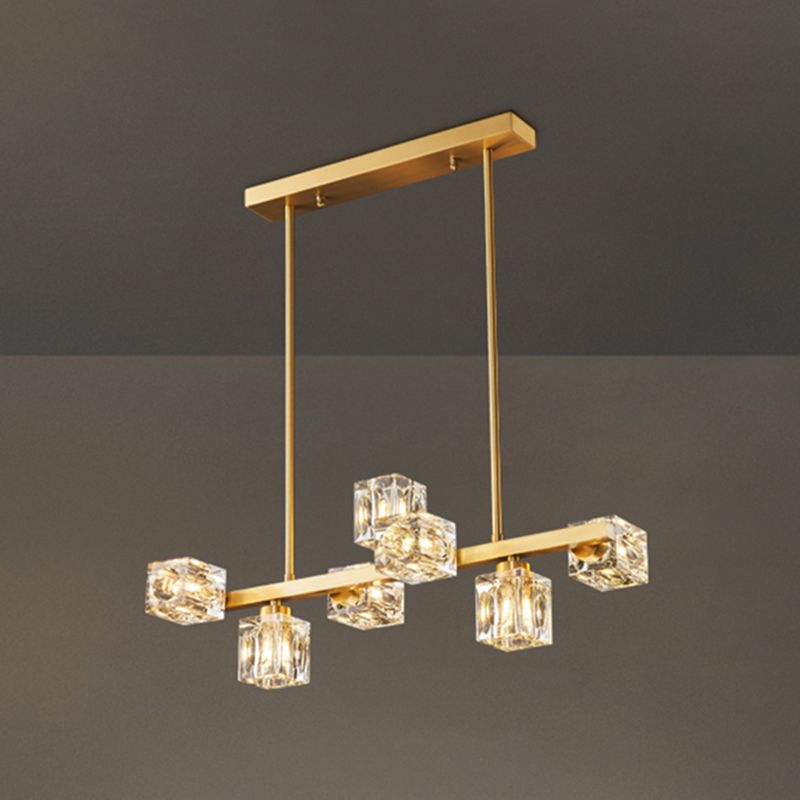 Contemporary Island Light Fixture Crystal Cube Island Lights in Gold for Kitchen