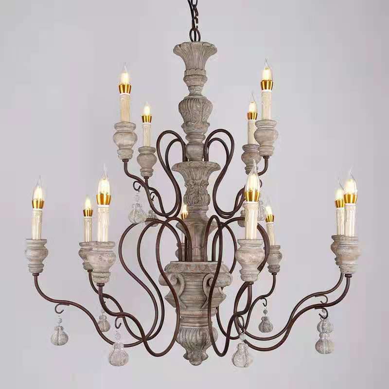 Grey Candle Pendant Lighting Antique Style Wooden Dining Room Chandelier