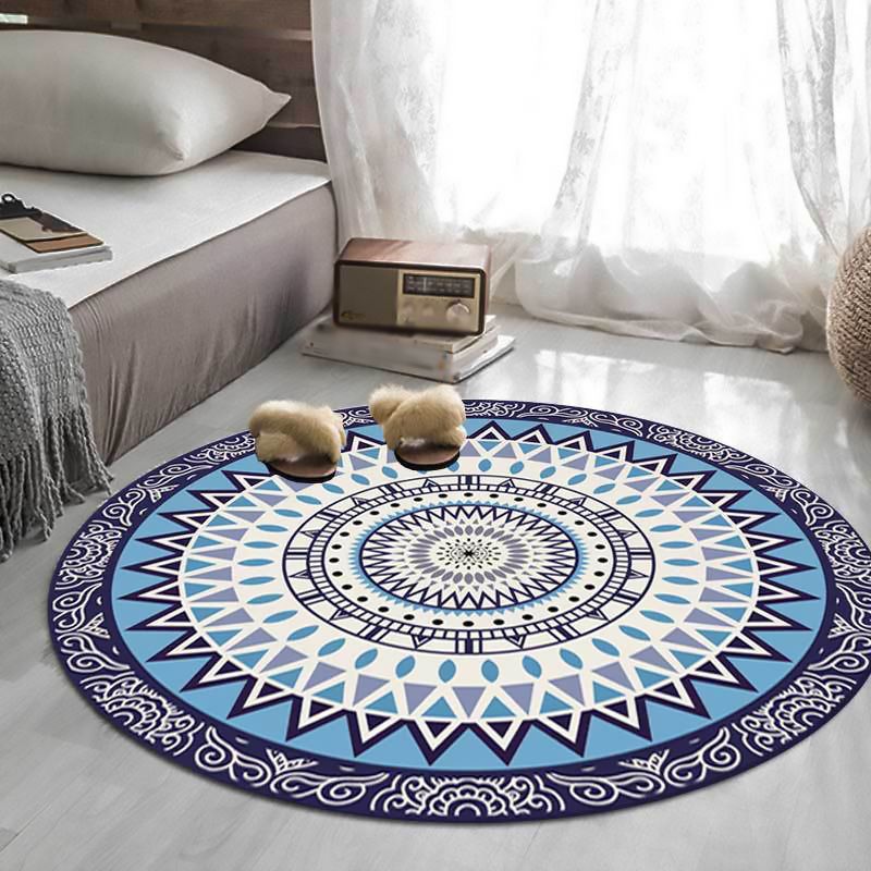 Americana Concentric Circles Pattern Rug Blue Polyester Rug Machine Washable Non-Slip Area Rug for Bedroom