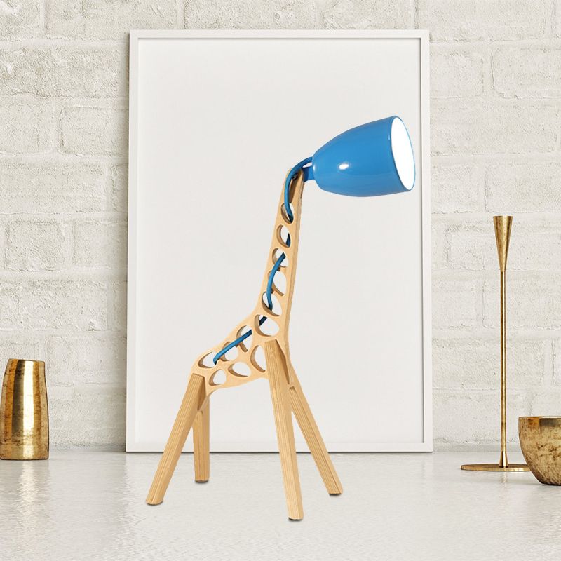 Cartoon Bell Night Light Metal 1-Light Bedroom Table Lamp in Blue/Red/Green with Standing Giraffe Wood Base