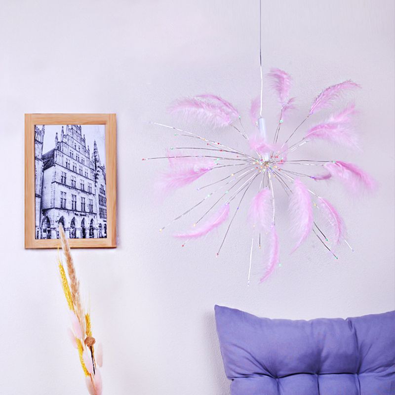 Creative Firework Night Table Lamp Feather Bedroom Battery/USB LED Desk Light in Pink, Warm/Multi-Color Light
