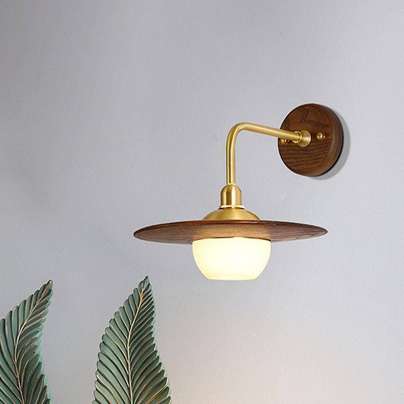 1 Light Bedroom Wall Sconce Asian Brass Wall Light Fixture with Globe Wooden Shade