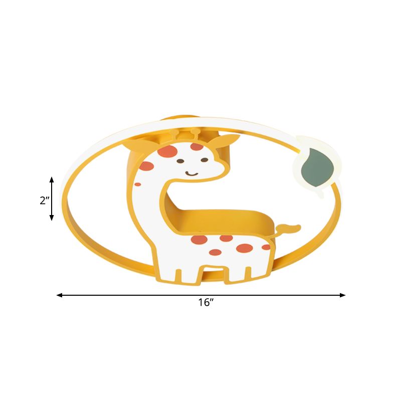 Acrylic Giraffe Flush Ceiling Light Cartoon Style Yellow Flushmount Fixture with Leaf Design in Warm/White Light