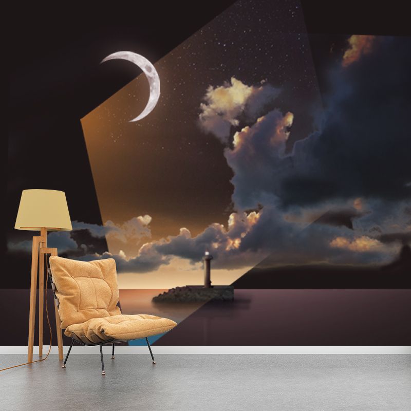 Brown Sci-Fi Wall Murals Full Size Crescent over Isolated Island Wall Decor for Bedroom