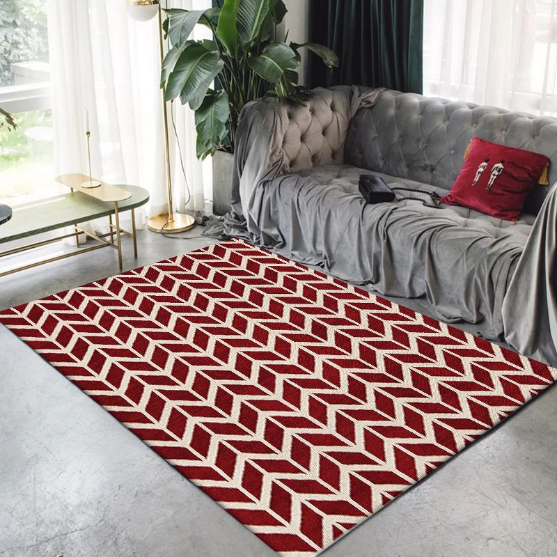 Simple Chevron Print Rug Red Polyester Rug Machine Washable Non-Slip Backing Area Rug for Bedroom