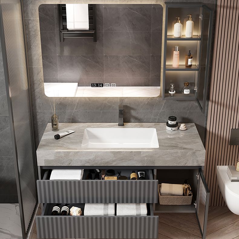 Mirror Bathroom Vanity Wall Mount Single Sink 2 Drawers Wood Frame Rectangle Vanity