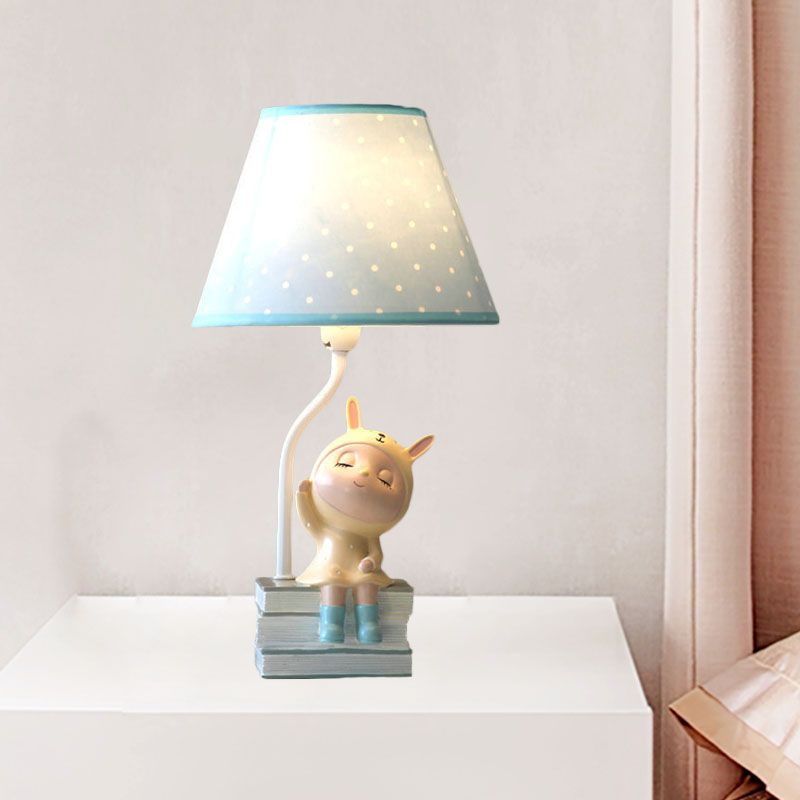 Spot Cone Shade Fabric Table Lamp Kids 1-Light White/Red Night Stand Light with Piggy/Rabbit Base