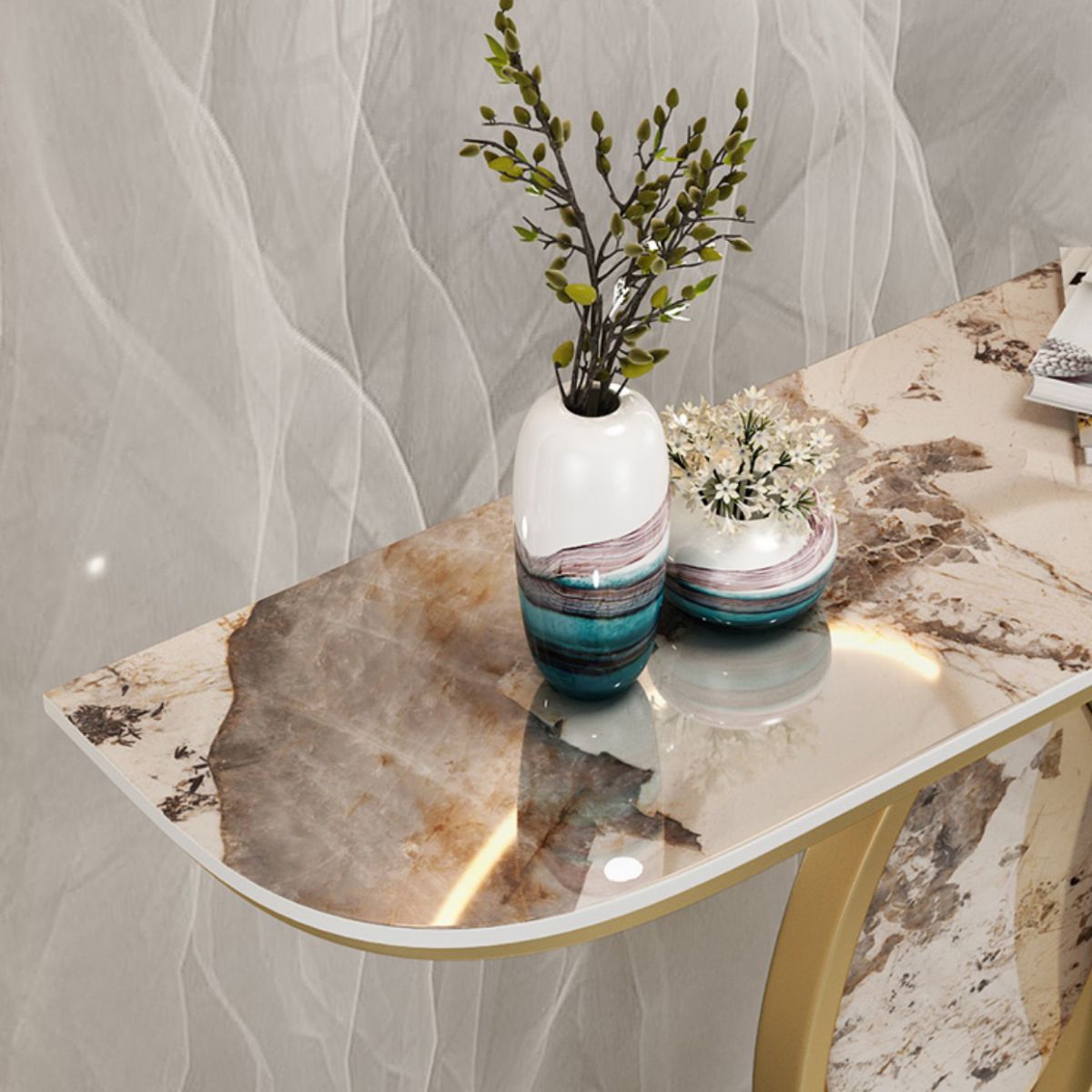 Scratch Resistant,11.81" W x 31.49" H Stone Glam Half Moon Table for Hall