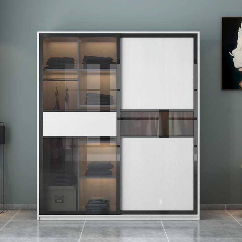 Glass and Engineered Wood Wardrobe Closet White Wardrobe Cabinet