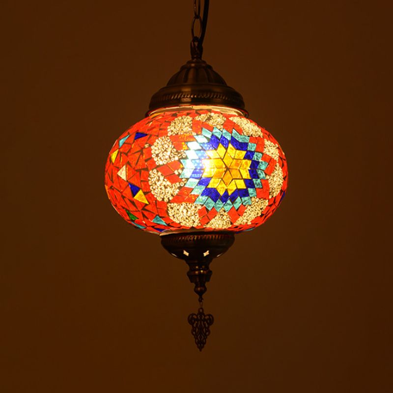 Stained Glass Spherical Hanging Light Vintage 1 Light Living Room Drop Pendant in Red/Blue/Yellow