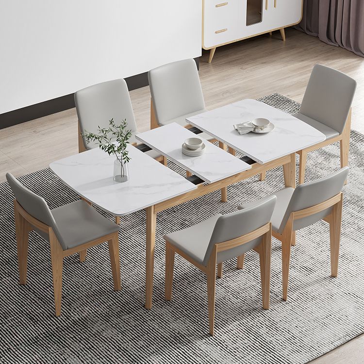 Sintered Stone Top Extendable Table in White Kitchen Table with Ash Wood Base and 4 Legs