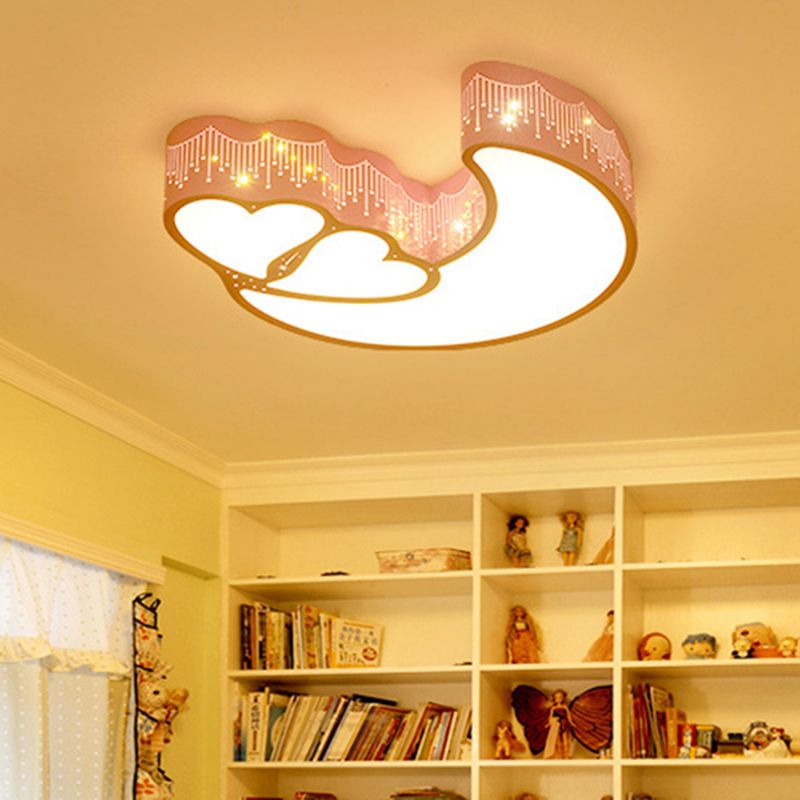 Cartoon Moon and Heart Ceiling Light Metal Acrylic LED Ceiling Mount Light for Kid Bedroom