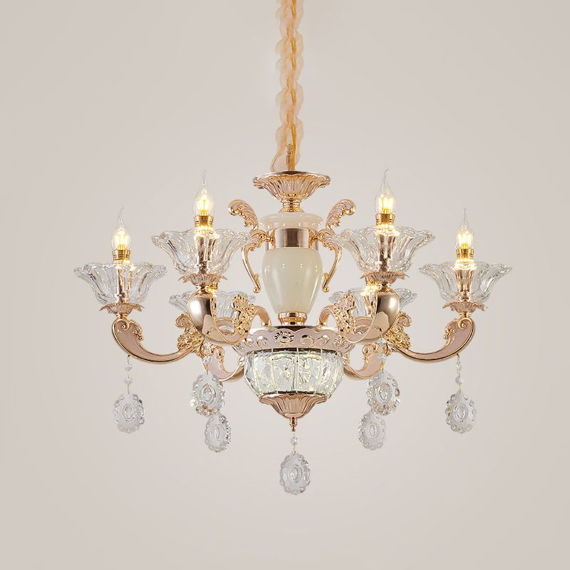 Clear Glass Candle Chandelier Traditional 6/8 Heads Bedroom Hanging Light in Gold with Crystal Draping