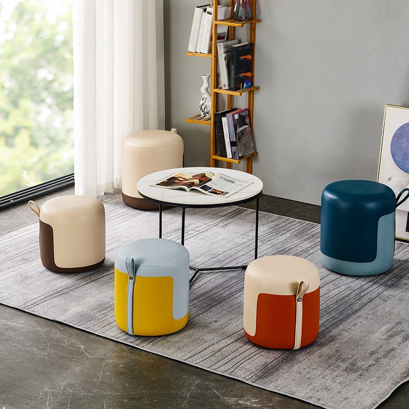 Modern Cylinder Shape Pouf Chair Contrast Color PU Leather Water Resistant Boucle Pouf