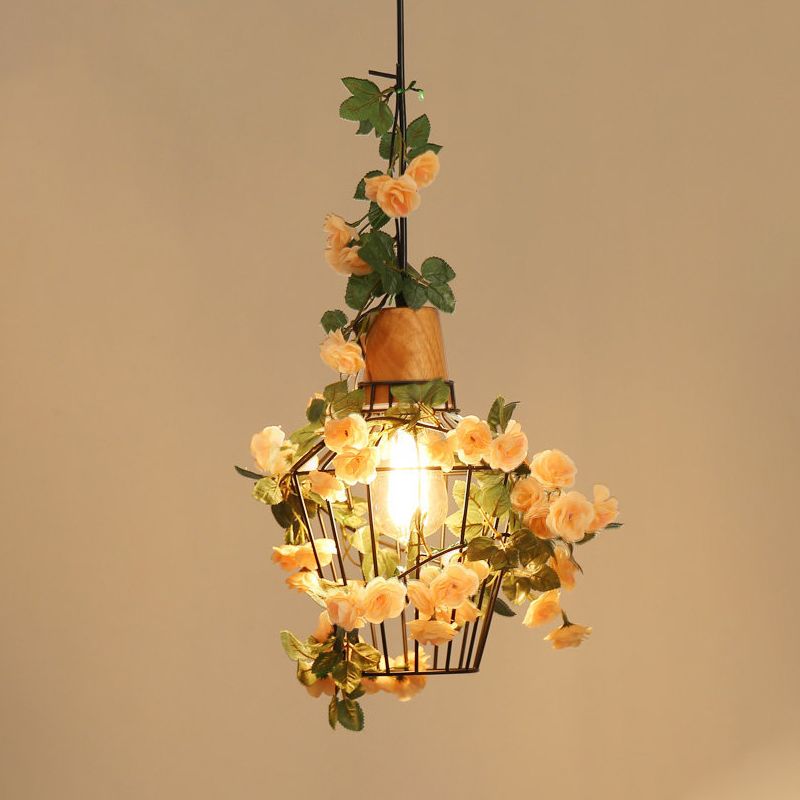 Jar noir / diamant / grange pendentif ferre fer 1 tête de restaurant fleur de fleur pendante luminaire avec haut en bois