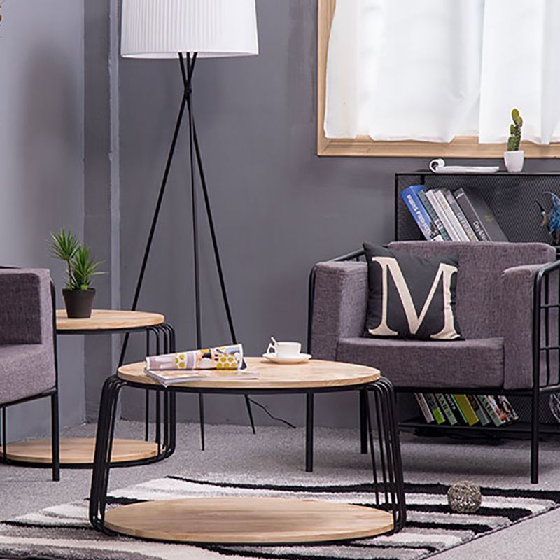 Nordic Solid Wood Round Coffee Cocktail Table with Floor Shelf