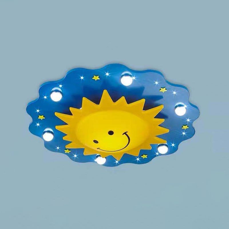 Blue Sun Flush Mount Lamp Cartoon 7 Heads Wood Flushmount Ceiling Fixture for Nursery