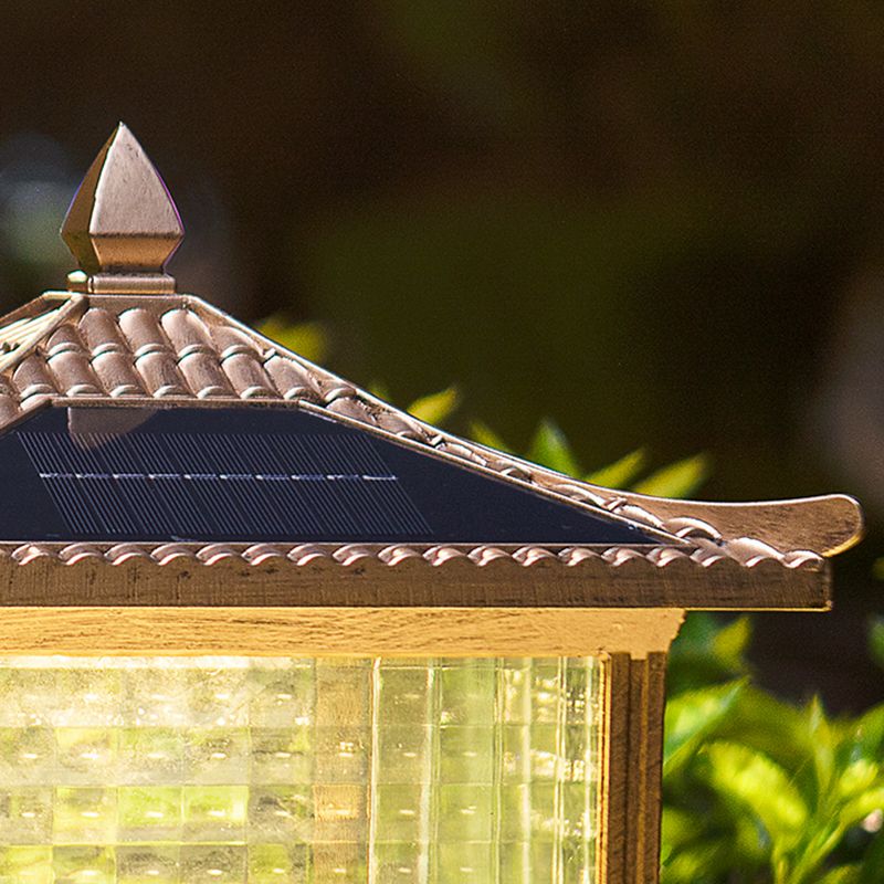 1-Light Pillar Lamp Square Solar Lighting Fixture with Glass Shade for Garden