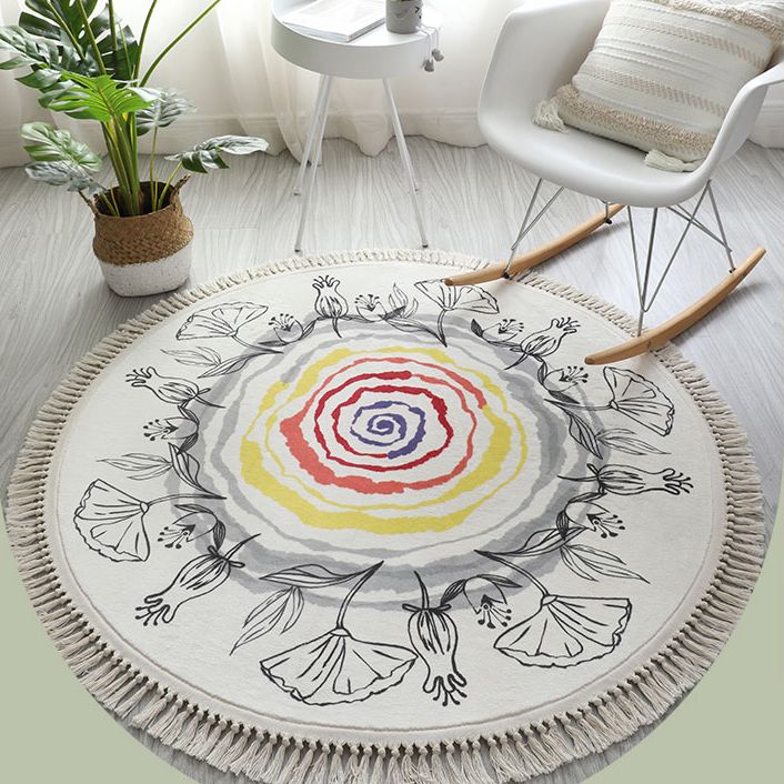 Round White Tone Modern Indoor Rug Polyester Floral Print Rug Non-Slip Backing Indoor Rug for Living Room