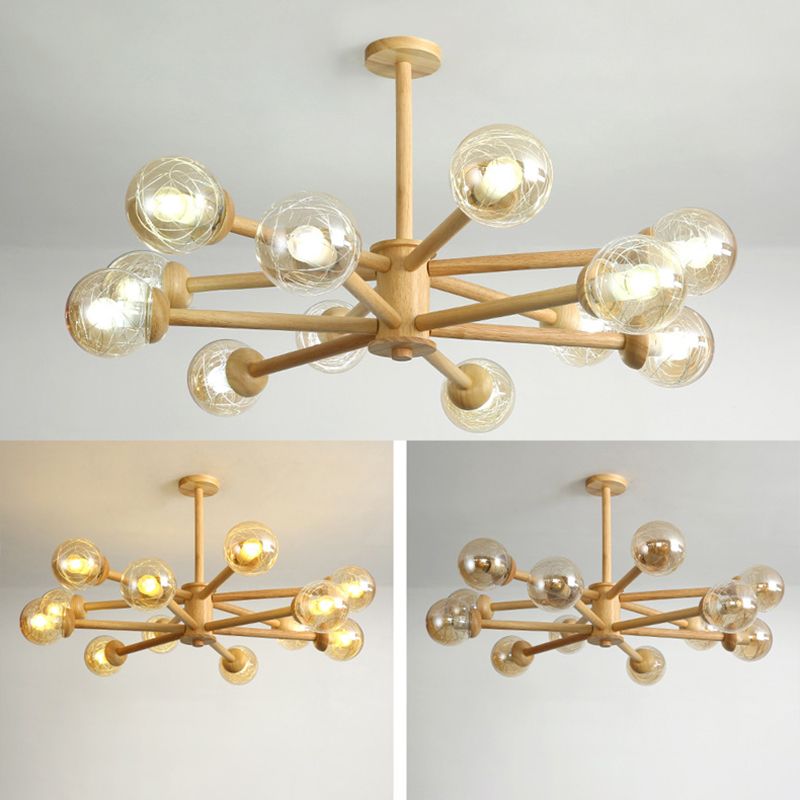 Globe Wood Chandelier Lighting Fixtures Modern Multi-Head Beige Chandelier Lamp with Glass Shade
