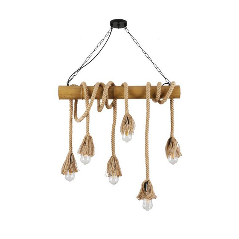 Éclairage de l'île de bar linéaire Country Corche de chanvre 6 ampoules Éclairage pendentif marron avec bâton de bambou