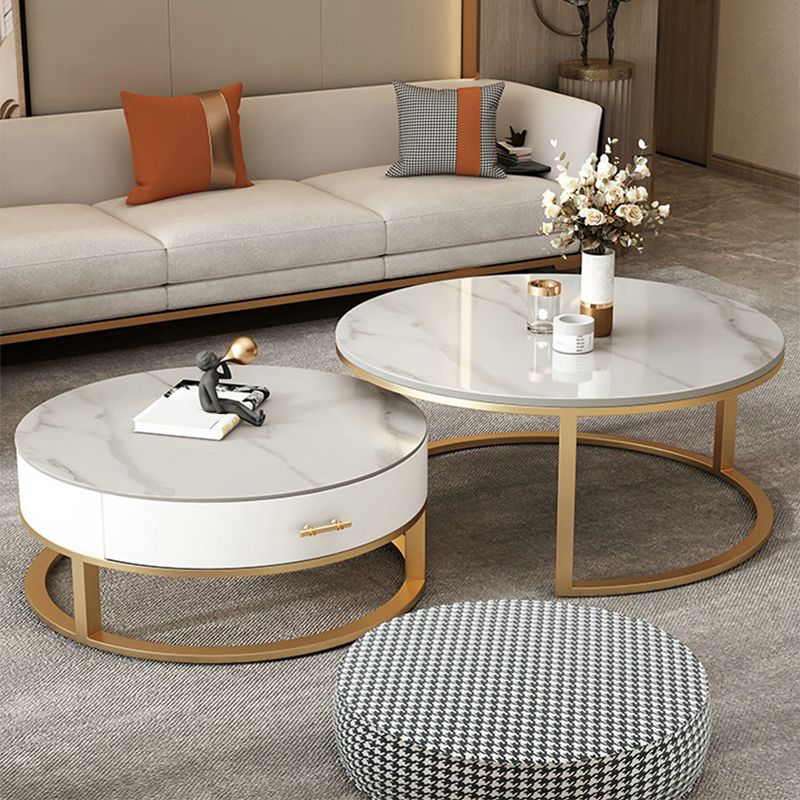 Frame Coffee Table White Slate Cocktail Table with Storage Drawers