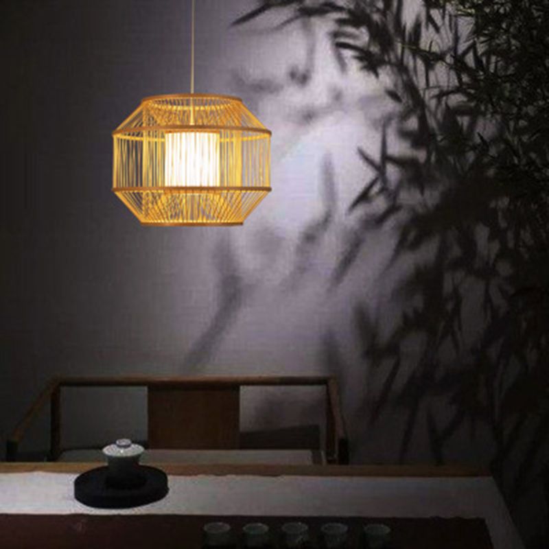 Beige Round Lantern Pendant Chinese Style 1 Bulb Bamboo Hanging Light for Dining Table