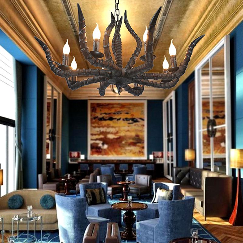 Rustic Sheep Horn Hanging Pendant 6 Lights Resin Ceiling Chandelier in Black for Restaurant
