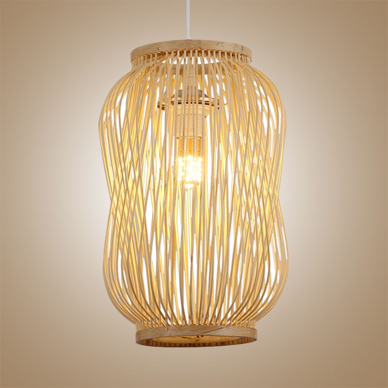 Lámpara de techo de diseño de linterna de estilo modernista Bambú 1 Bulbo Interior Luz colgante en beige