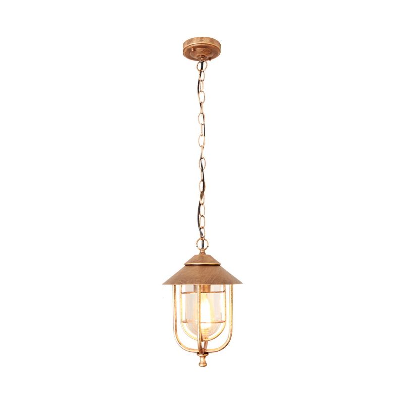 Traditional Cone Ceiling Light Single-Bulb Iron Hanging Pendant Light with Bell Clear Glass Shade for Garden