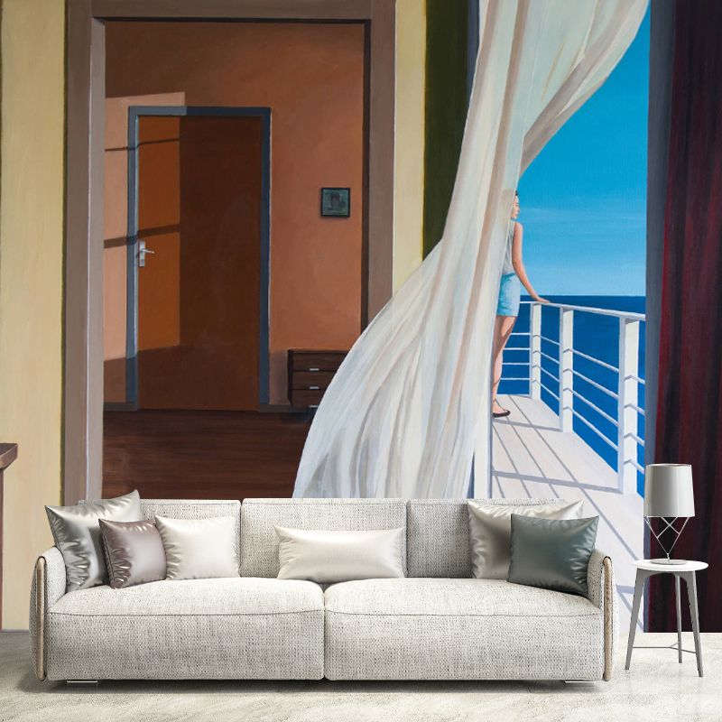 Artistry Sea Balcony Wall Murals Blue-Brown Waterproofing Wall Decor for Bedroom
