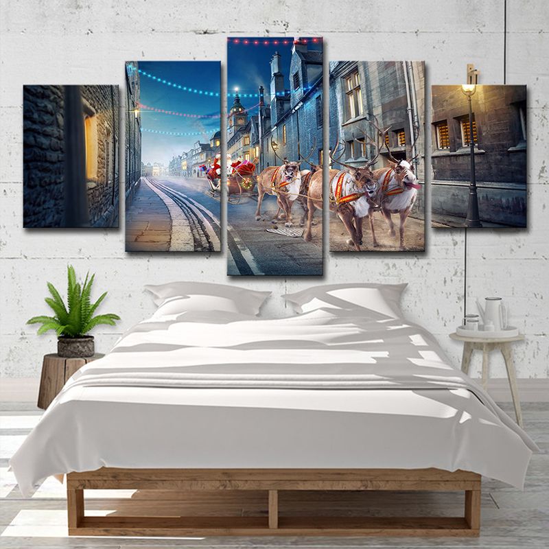 Kids Christmas Santa Canvas Print Blue Multi-Piece Wall Art for House Interior