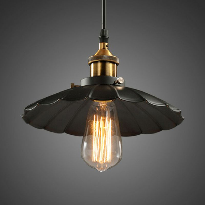 Floral Shade Beer Bar Drop Pendant Industrial Metallic 1 Head Black Ceiling Suspension Lamp, 10" Width