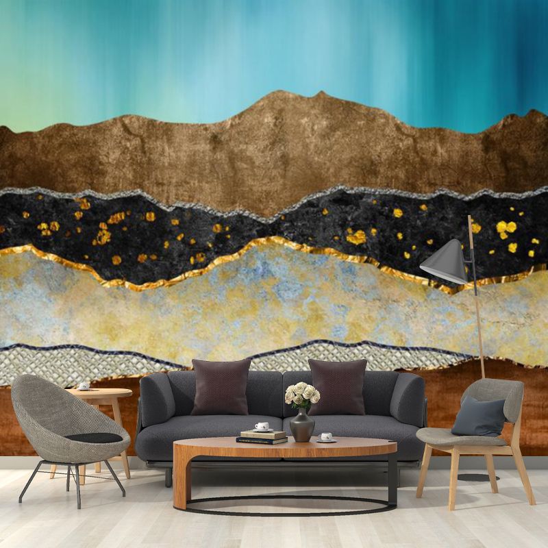Art Deco Soil Layers Wall Murals Blue and Brown Living Room Wall Covering, Custom Made