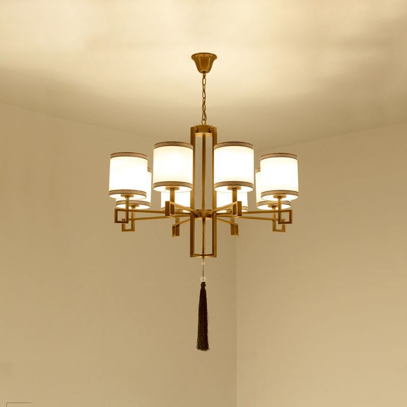 Cylindrical Fabric Suspension Lamp Retro Lobby Living Room Chandelier with Tassel