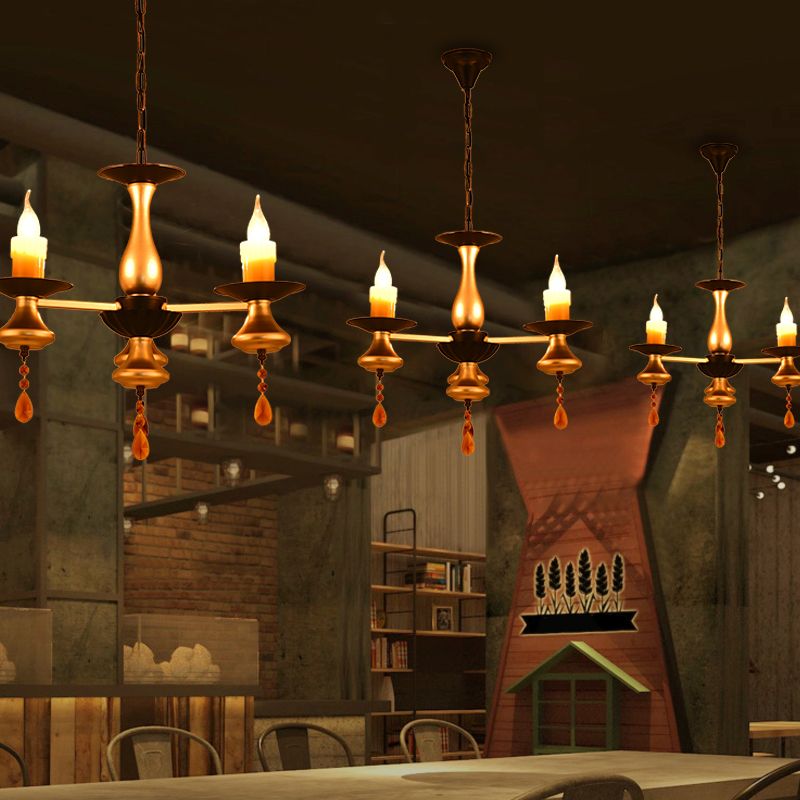 3/5/6 Lights Golden Chandelier Traditional Iron Bellied Oval Vase Hanging Lamp with Resin Candle