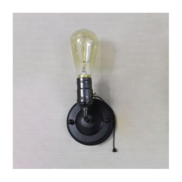 1 Light Wall Sconce Industrial Vintage Open Bulb Metal Wall Lighting with Pull Chain in Black/Silver for Bedroom