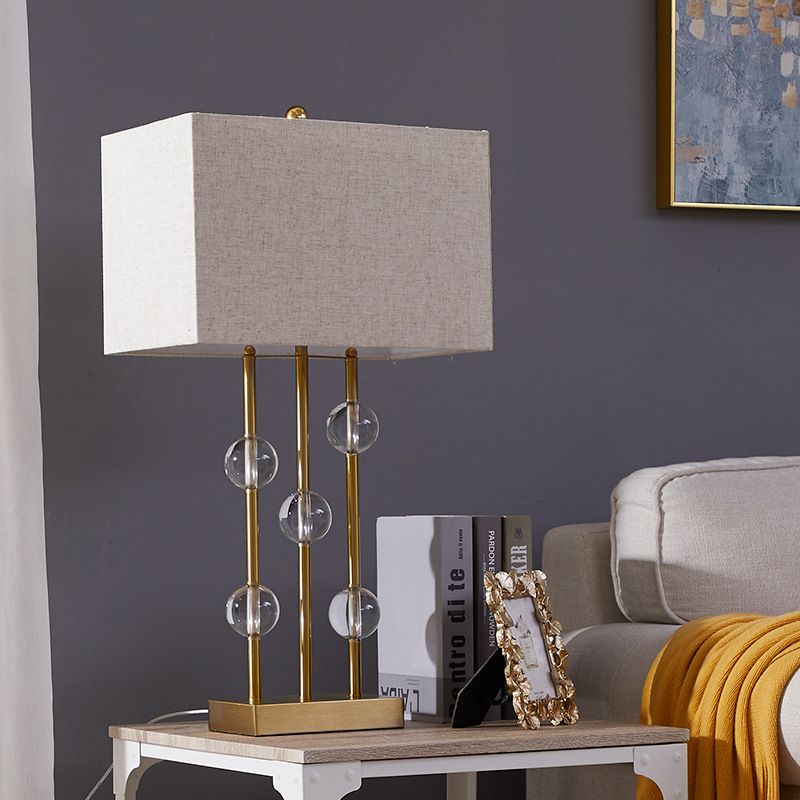 Rural Rectangle Night Light 1 Light Fabric Table Lamp in Beige for Bedroom with Crystal Deco