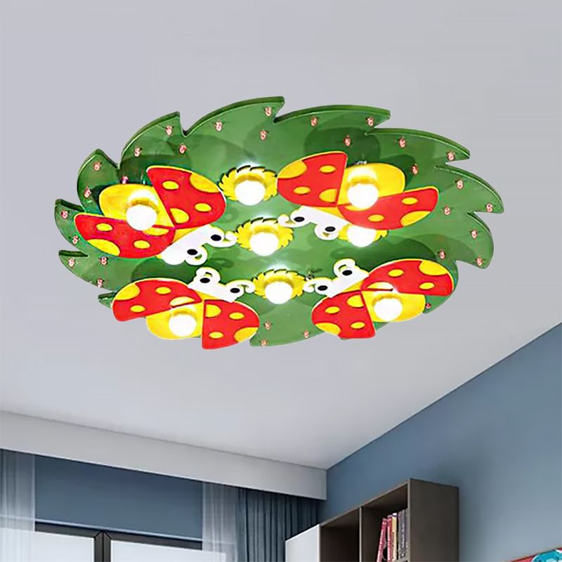 Wood Tree Ceiling Light with Ladybug Deco Modern Cartoon Flush Mount Light for Kid Bedroom