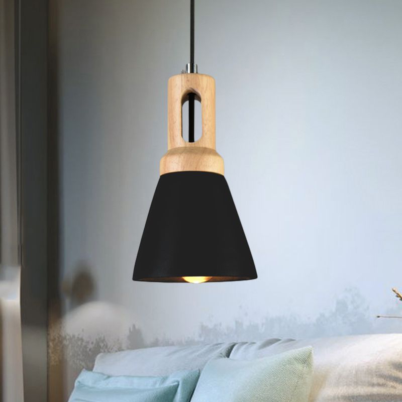 1-Light Cement Hanging Lighting Vintage Black/Grey/Red and Wood Bell Bar Ceiling Pendant Lamp