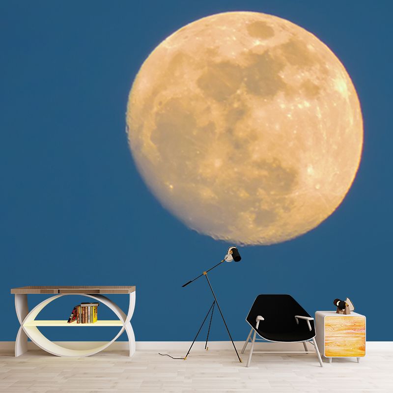 Blue-Yellow Gibbous Moon Mural Astronomy Modernist Washable Wall Decor for Bedroom