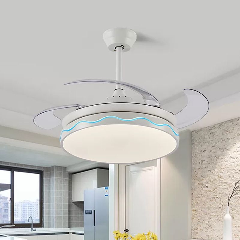 Wit ronde hangende ventilatorlamp Noordelijke stijl Acryl Acryl Woonkamer LED 4 Blades Semi Flush Mount, Remote/Wall Control/Frequency Conversion and Remote Control, 42 "Wide